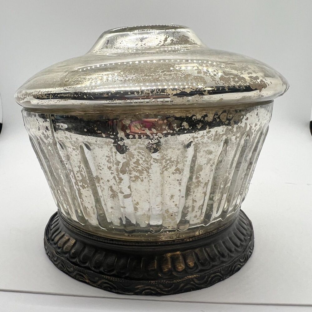 Pottery Barn Mercury Glass Gold Silver Metallic Glass Trinket Jar Box With Lid